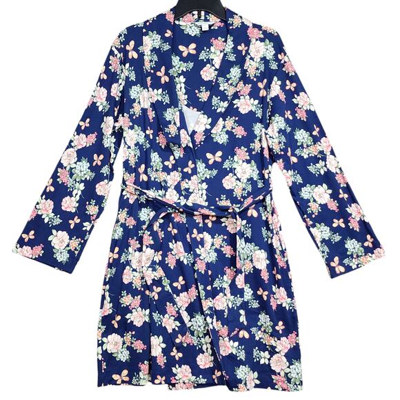 Charter Club Shawl Collar Short Robe Long Sleeves Blue Butterfly Floral Small - Picture 1 of 7